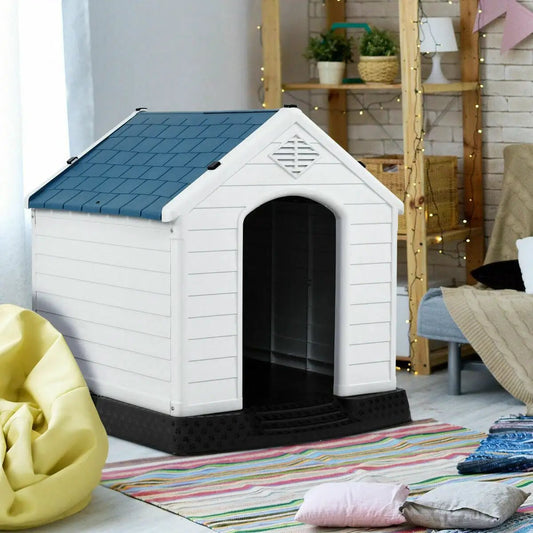 DirectDeals indoor outdoor waterproof plastic dog house, white with blue roof on Tampa Home & Garden Store