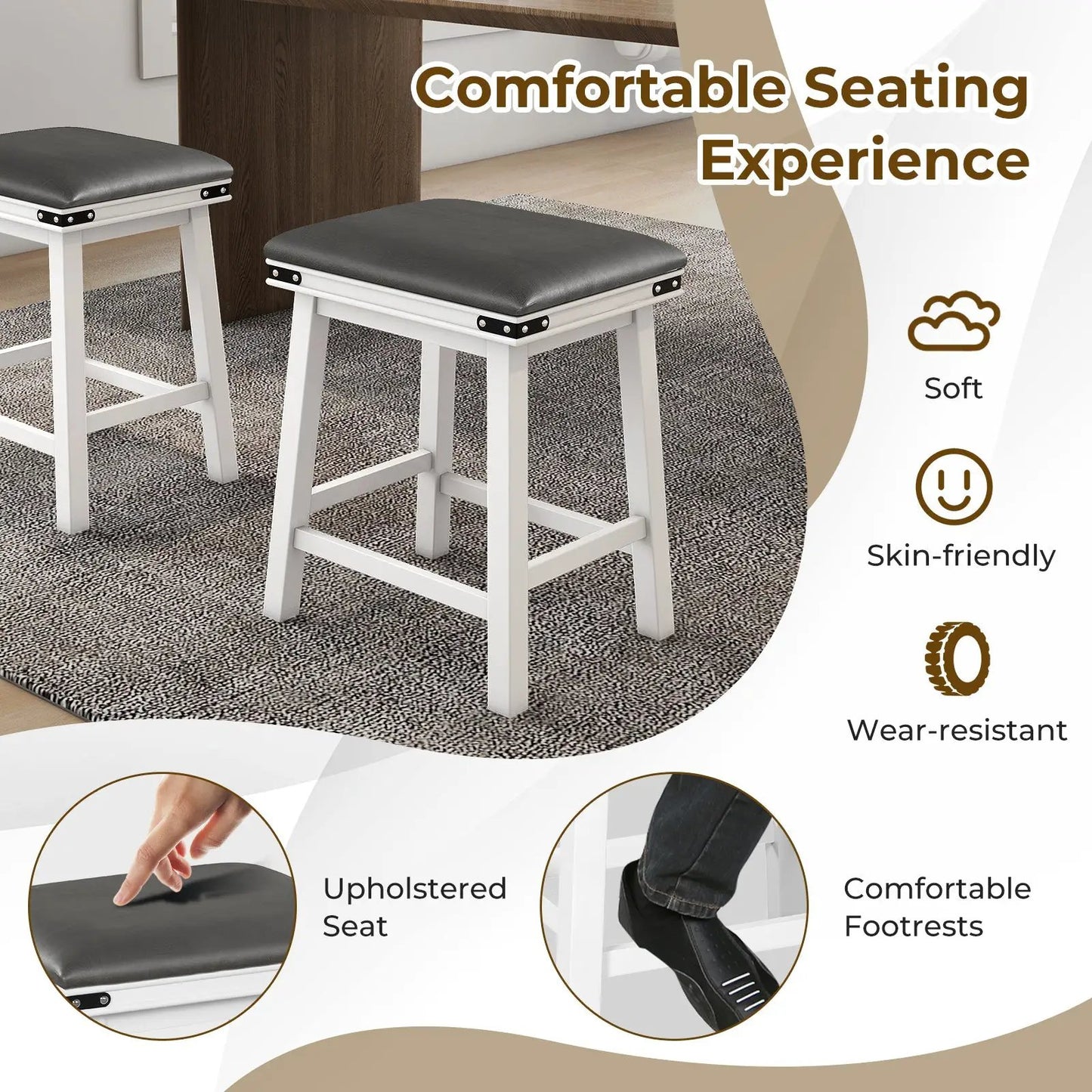 Set of 2 white-frame 24-inch dining bar stools with black upholstered seats on Tampa Home & Garden Store
