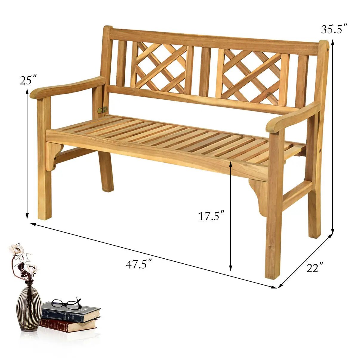 Patio foldable wooden bench with curved backrest and armrests, natural finish, 47.5in long on Tampa Home & Garden Store