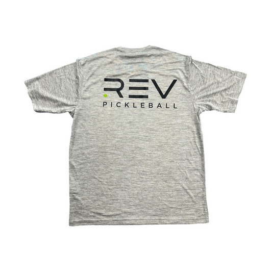 REV Pickleball logo electric heather tee on gray heather short-sleeve shirt on Tampa Home & Garden Store