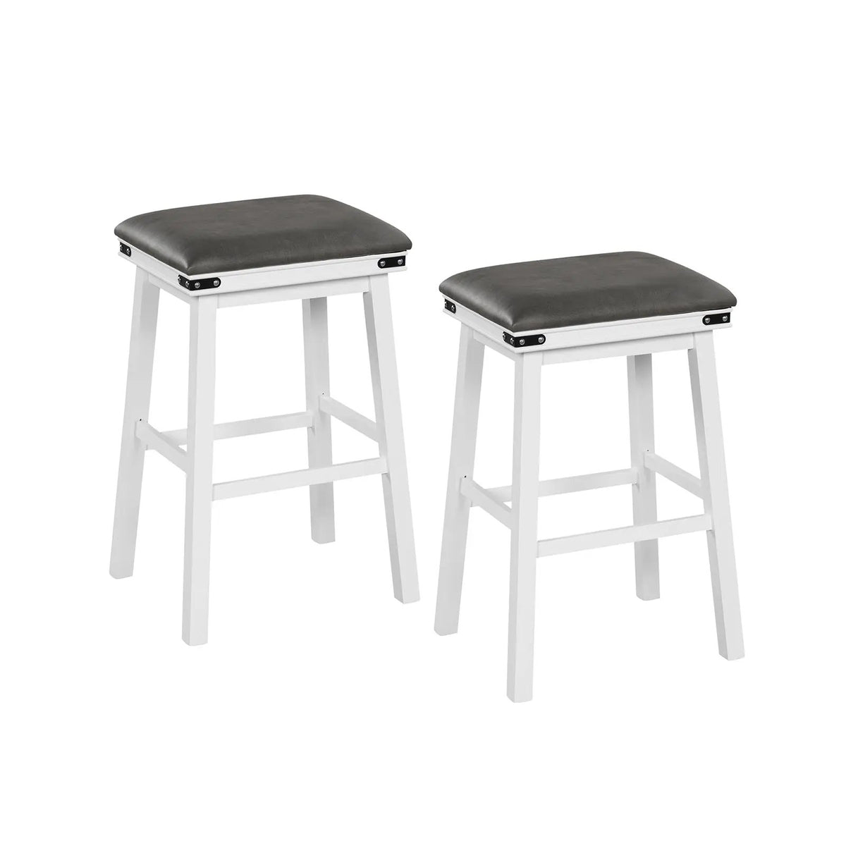 Set of 2 white wood dining bar stools with grey cushioned seats and black metal brackets on Tampa Home & Garden Store