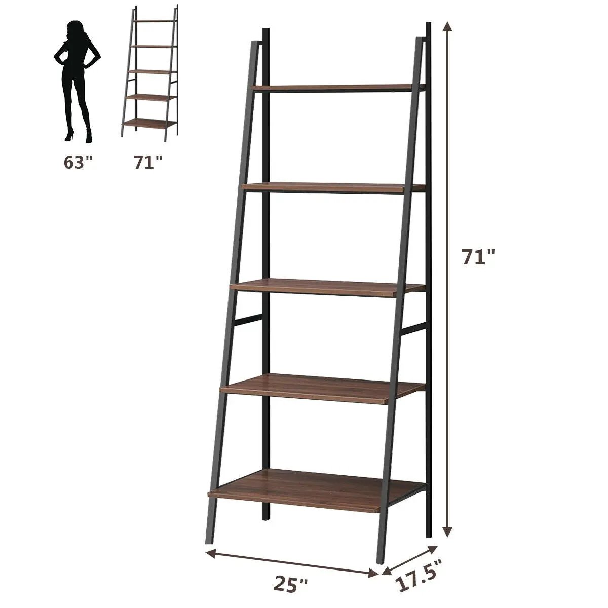 DirectDeals 5 Tier Leaning Bookshelf ladder bookcase with brown wood shelves and gray metal frame on Tampa Home & Garden Store