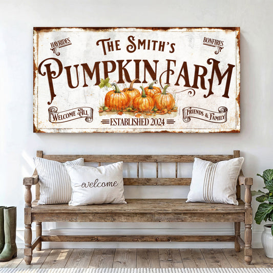 Personalized Pumpkin Farm Sign canvas by Tailored Canvases with rustic pumpkin illustration on crafting canvas on Tampa Home & Garden Store