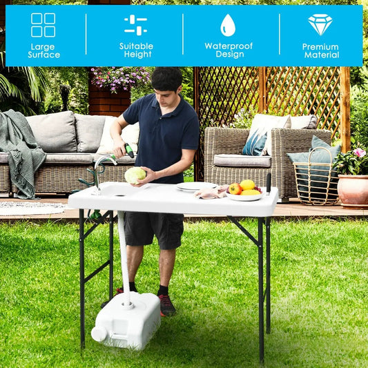 White folding sink table with faucet sprayer, DirectDeals outdoor folding table in backyard on Tampa Home & Garden Store