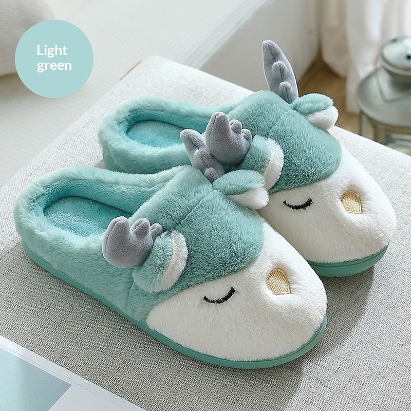 Women's light green plush deer slippers, non-slip fuzzy warm indoor house shoes, pair on Tampa Home & Garden Store
