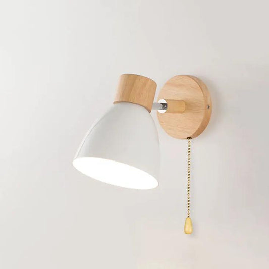Minimalist wooden cone wall sconce with frosted glass shade, natural wood finish, pull chain on Tampa Home & Garden Store