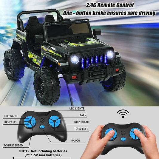 DirectDeals 12V kids ride-on Jeep with remote, black and neon green camo, rugged off-road tires on Tampa Home & Garden Store