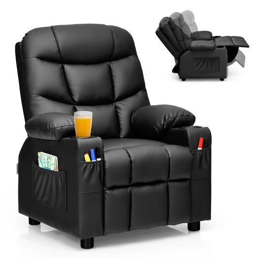 Kids black faux-leather recliner with cup holder, footrest and side pockets on Tampa Home & Garden Store