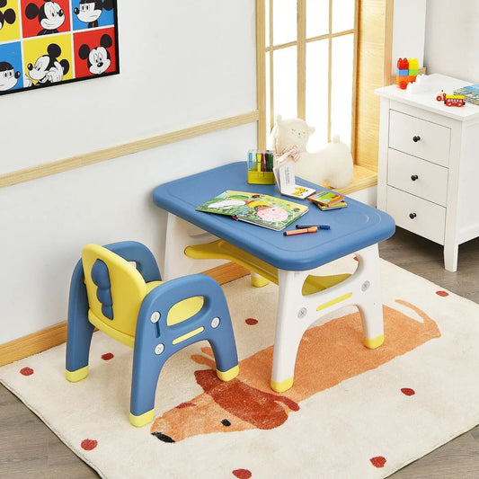 Kids activity table and 2 blue-yellow chairs with Montessori toys and coloring supplies on Tampa Home & Garden Store