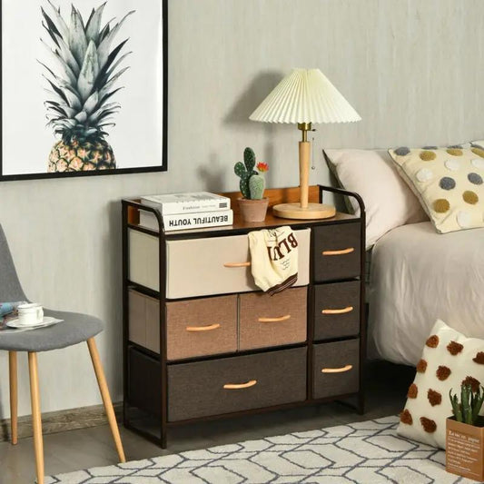7-Drawer Dresser with steel frame and wooden top, beige fabric drawers on Tampa Home & Garden Store