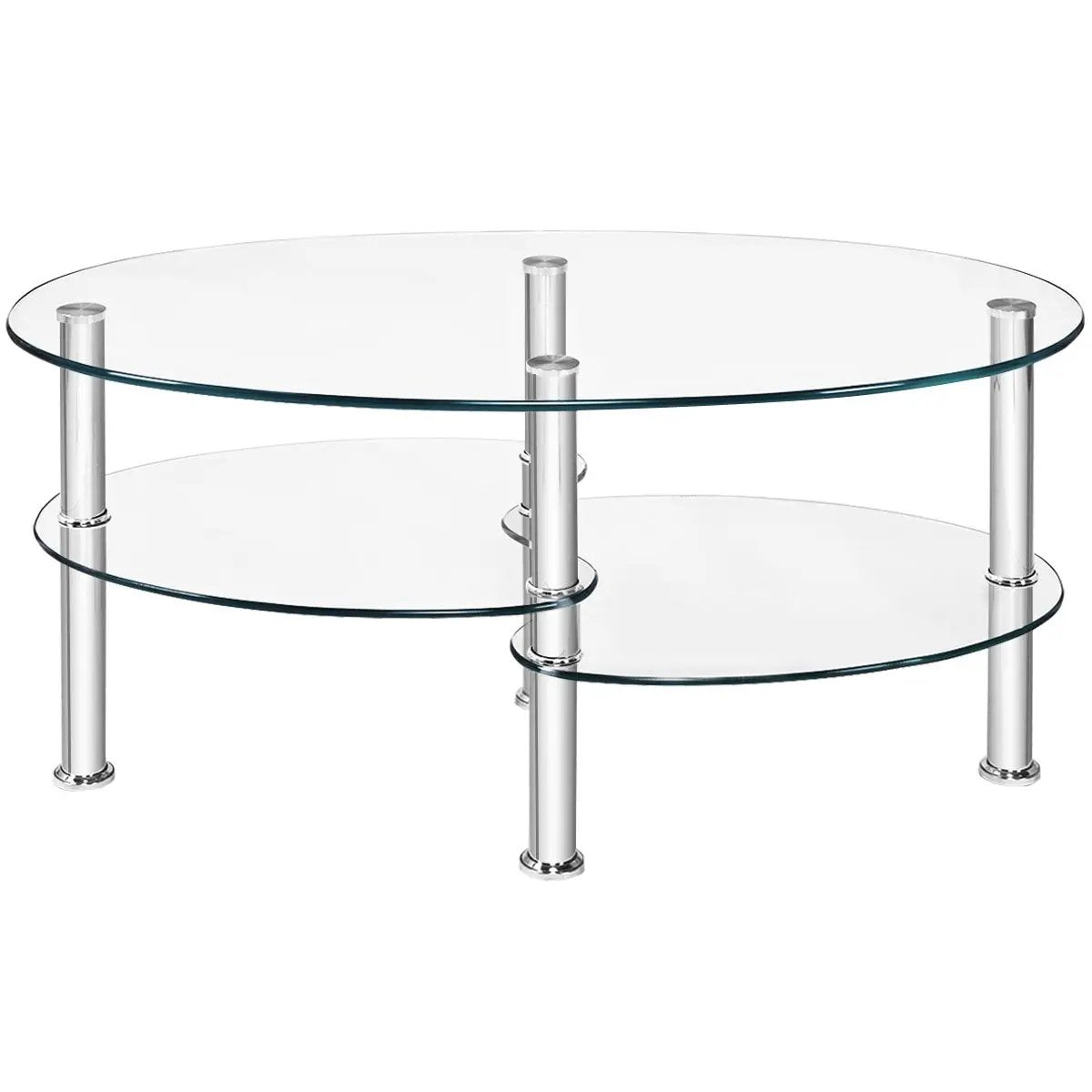Tempered glass oval coffee table with chrome legs and storage shelves on Tampa Home & Garden Store