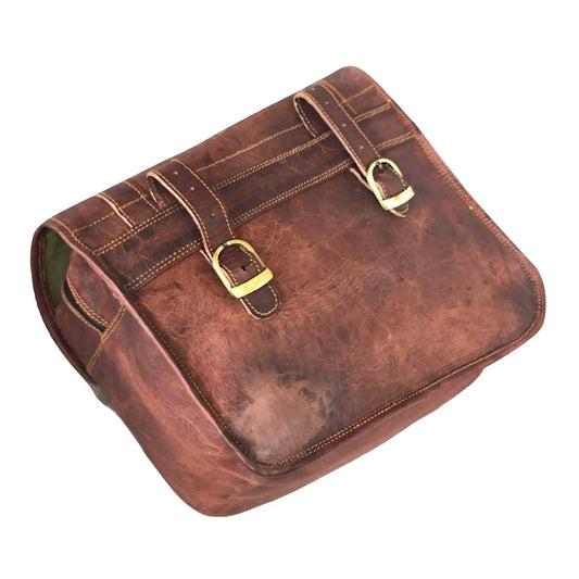 Leather Traveler's Touring Bike Saddle Bag brown with brass buckles and contrast stitching on Tampa Home & Garden Store
