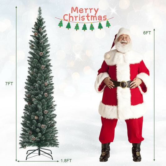 Snowy artificial pencil Christmas tree with pine cones, 7ft tall, slim evergreen on metal stand on Tampa Home & Garden Store