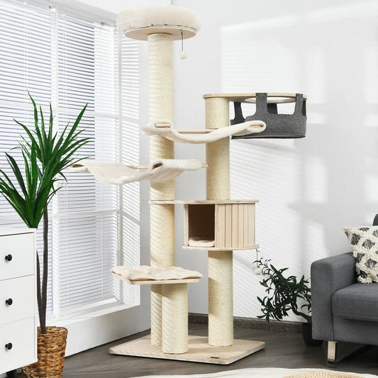77.5-Inch Cream Cat Tree Condo Tower with sisal posts and elevated platforms on Tampa Home & Garden Store