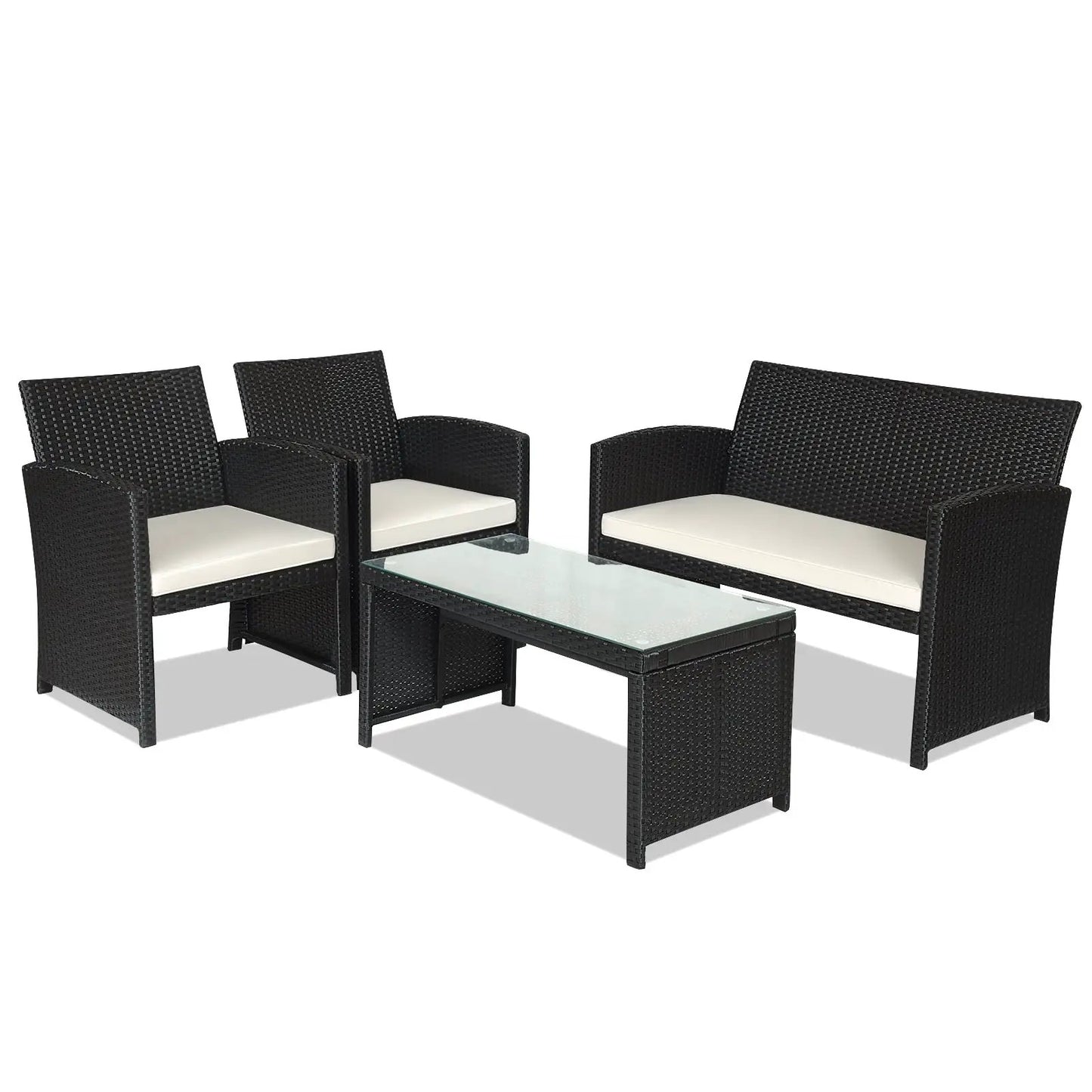Four Piece Rattan Patio Furniture Set dark wicker with glass table and white cushions includes 4 chairs on Tampa Home & Garden Store