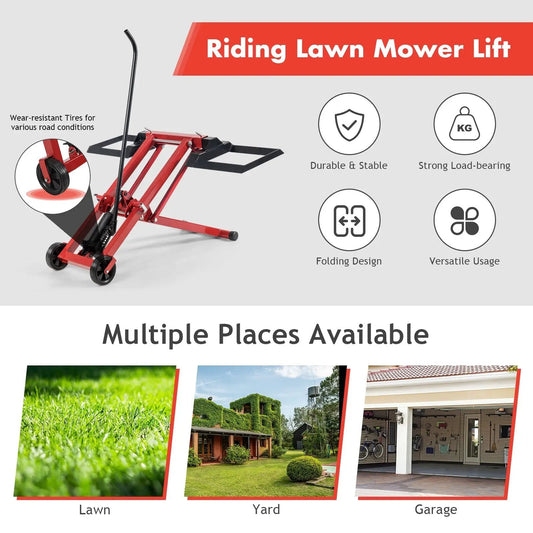 Hydraulic lawnmower lift jack with red steel frame and wheels for tractors and mowers on Tampa Home & Garden Store