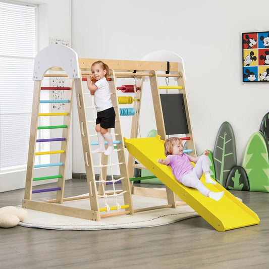Wooden indoor 8-in-1 climbing gym for 2 kids with rainbow rungs and yellow slide DirectDeals on Tampa Home & Garden Store