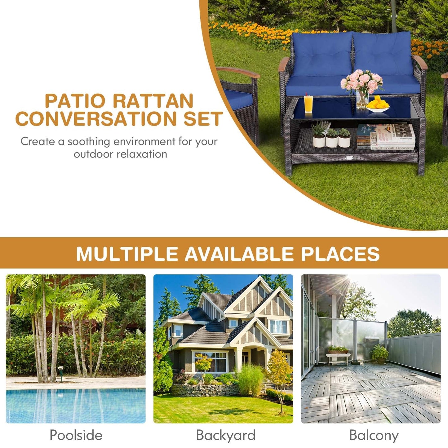 4 Pieces Patio Rattan Furniture Set with Cushioned Sofa and Storage Table-White