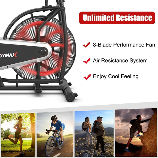 Upright air bike with unlimited resistance, black frame, GYMAX brand on Tampa Home & Garden Store