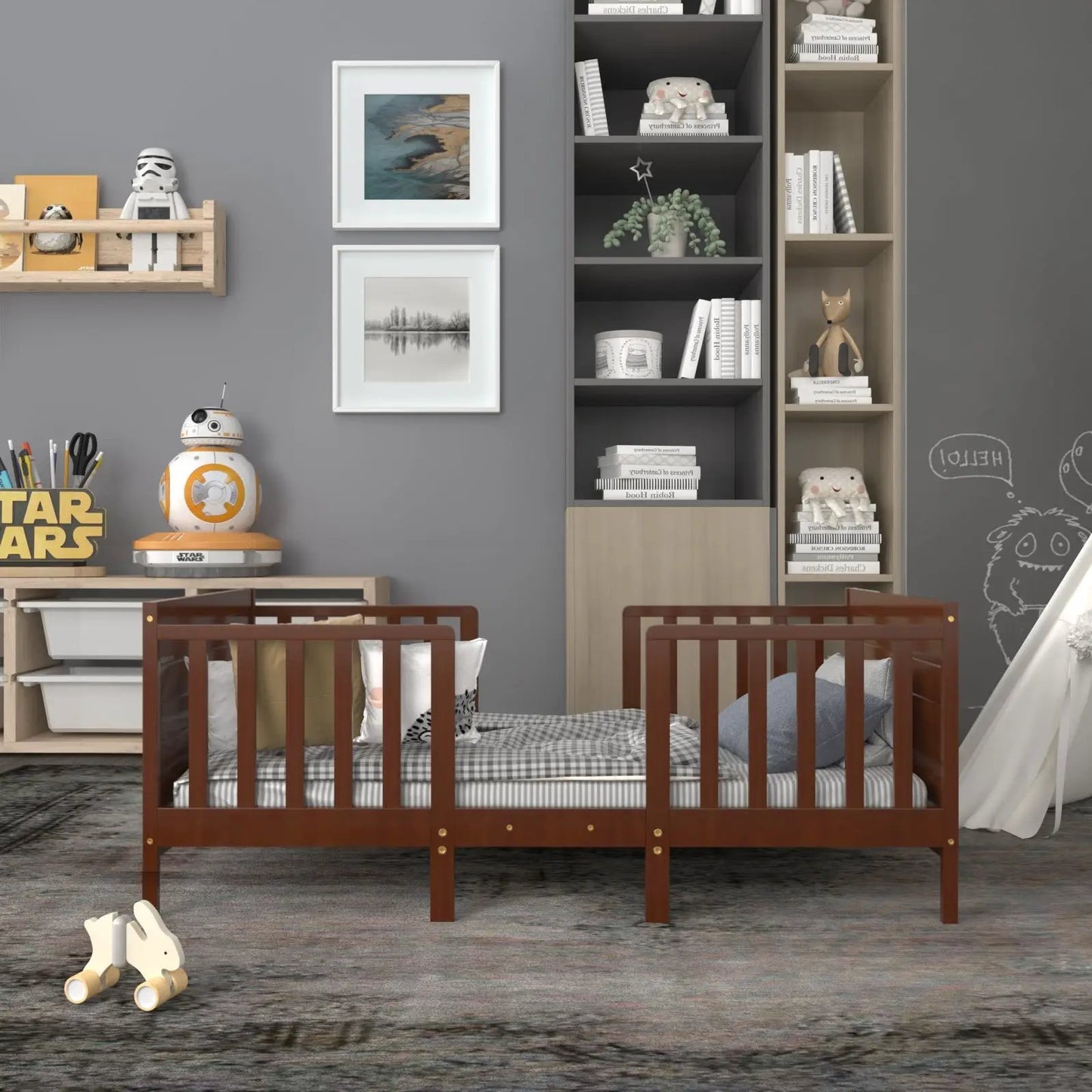 Two brown wooden toddler beds with guard rails and bedding in a kid's room with Star Wars on Tampa Home & Garden Store