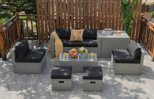 8 Pieces Patio Rattan Furniture Set with Storage Waterproof Cover and Cushion-Black - Tampa Home & Garden Store