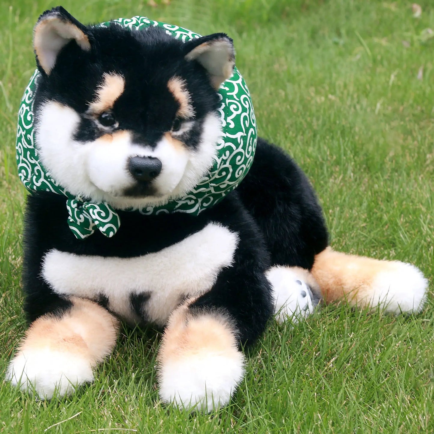 Chongker Elegant Black Shiba Inu stuffed dog ornament with green patterned bandana on Tampa Home & Garden Store