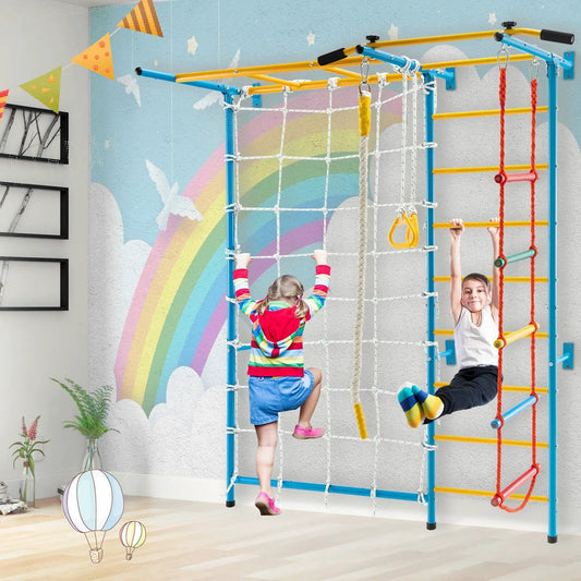 7 in 1 Kids Indoor Swedish Wall Ladder blue frame with yellow rungs and white net for climbing on Tampa Home & Garden Store