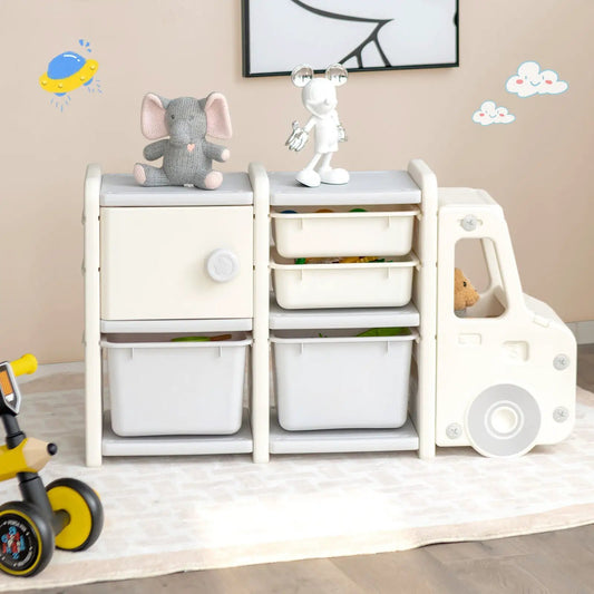 Toddler Truck Storage Organizer with Plastic Bins cream-white unit and two plush toys on top on Tampa Home & Garden Store