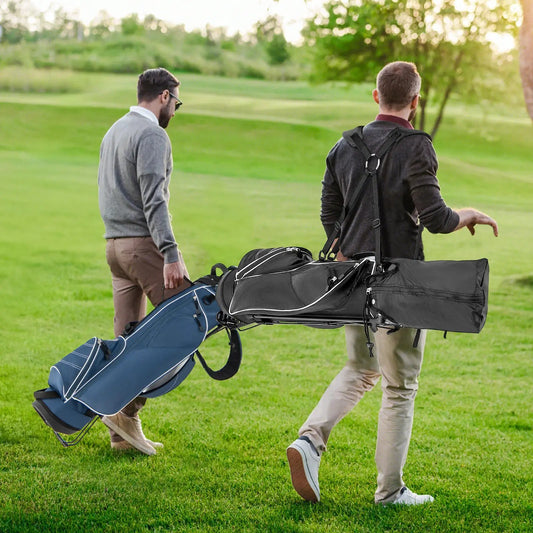 Blue golf stand bag with 4-way divider pockets on a sunny golf course on Tampa Home & Garden Store