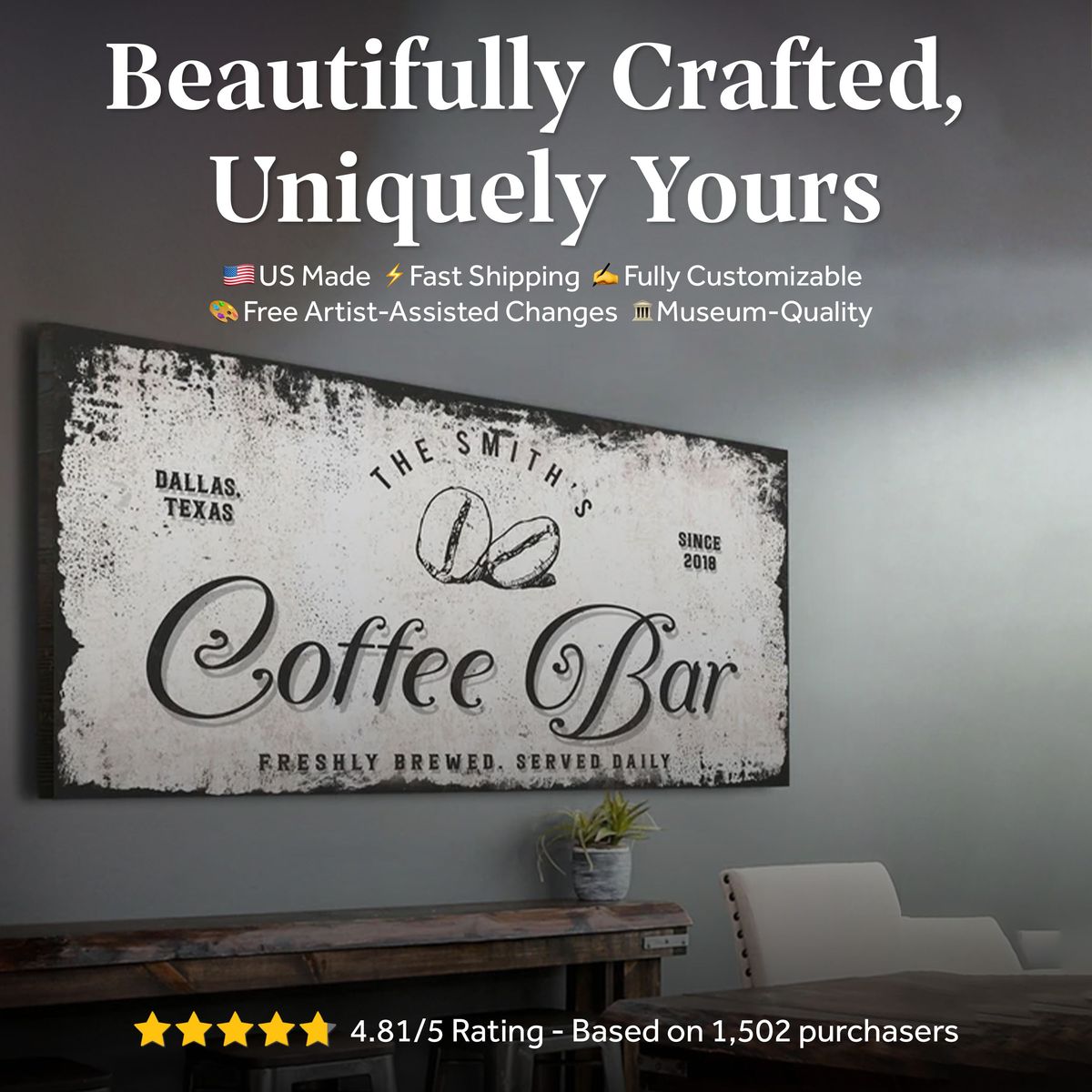 Coffee Bar sign canvas wall art by Tailored Canvases, distressed black on white vintage look on Tampa Home & Garden Store