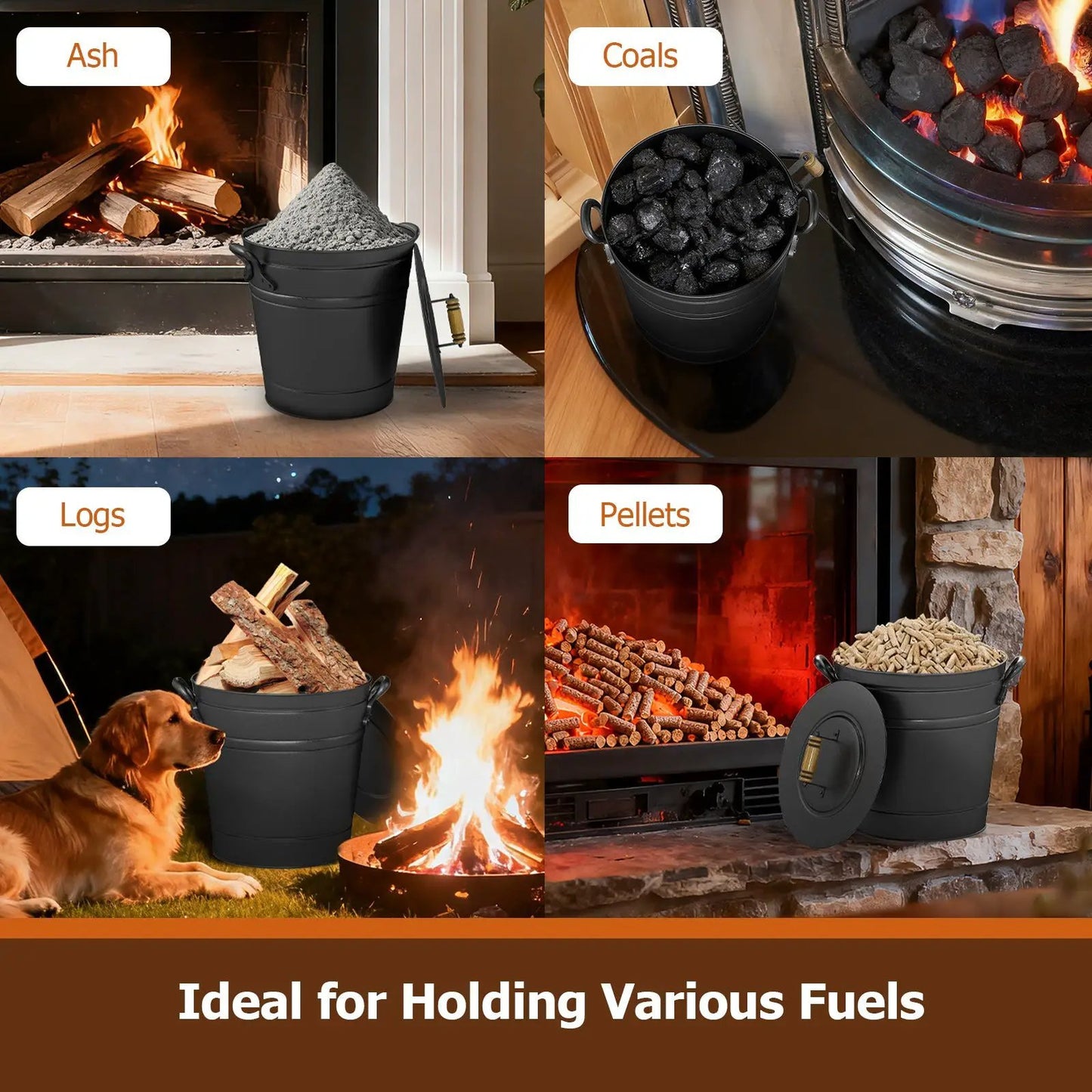 2.9 Gallon metal coal ash can with wooden lid, black steel, DirectDeals on Tampa Home & Garden Store