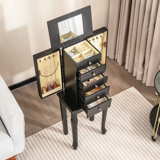 Two-tone black jewelry armoire with beige interior and mirror on Tampa Home & Garden Store