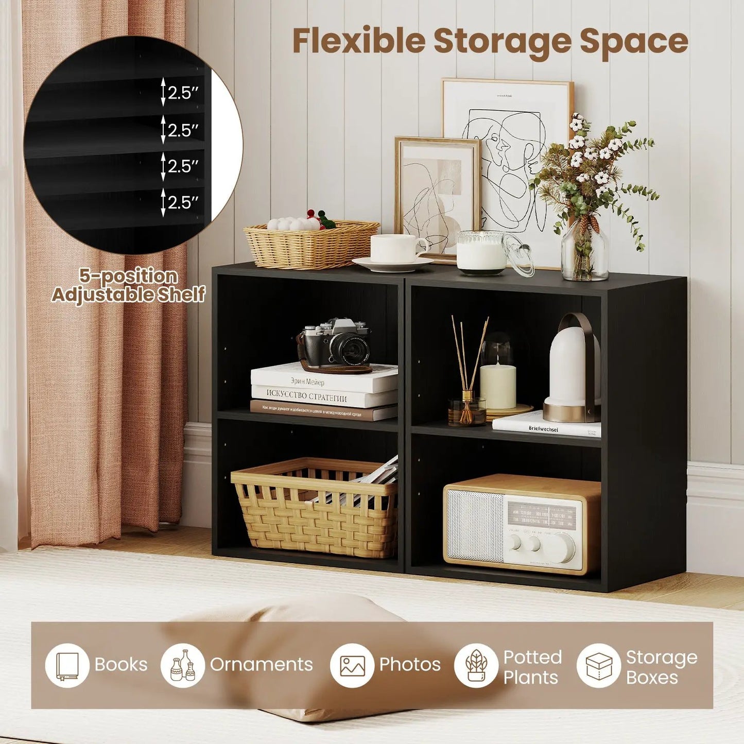 2-Cube Bookcase Floor Standing Open Bookshelf Black by DirectDeals with 5-position adjustable shelves on Tampa Home & Garden Store
