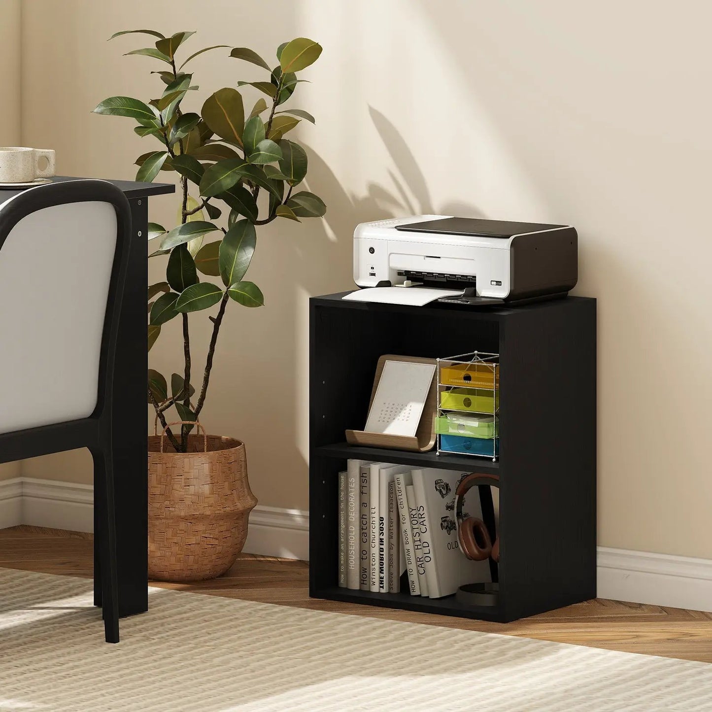 DirectDeals two-cube floor-standing black open-shelf bookcase with magazines on lower shelf on Tampa Home & Garden Store