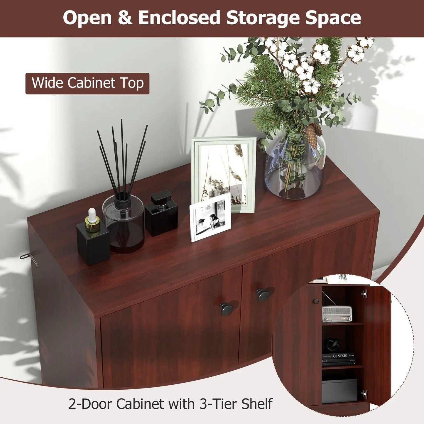 Two-door modern floor storage cabinet with 3-tier shelf in dark brown wood DirectDeals on Tampa Home & Garden Store