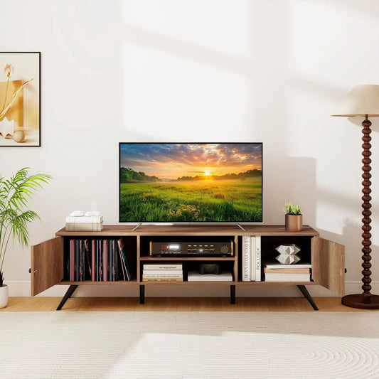 Two-door oak TV stand with open shelves and side cabinets for 65 inch TVs on Tampa Home & Garden Store