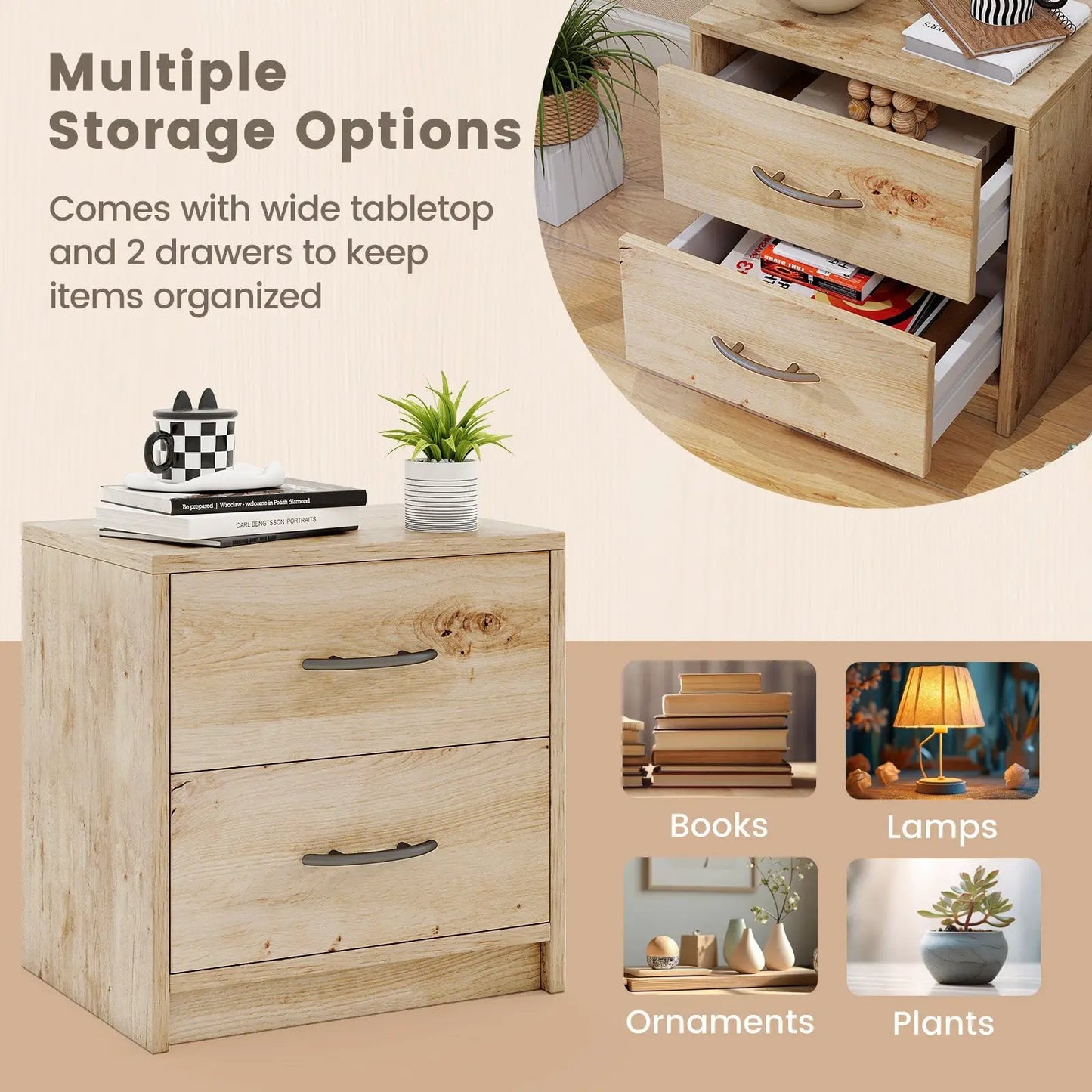 Oak 2-drawer nightstand with storage, natural wood grain finish and metal handles on Tampa Home & Garden Store