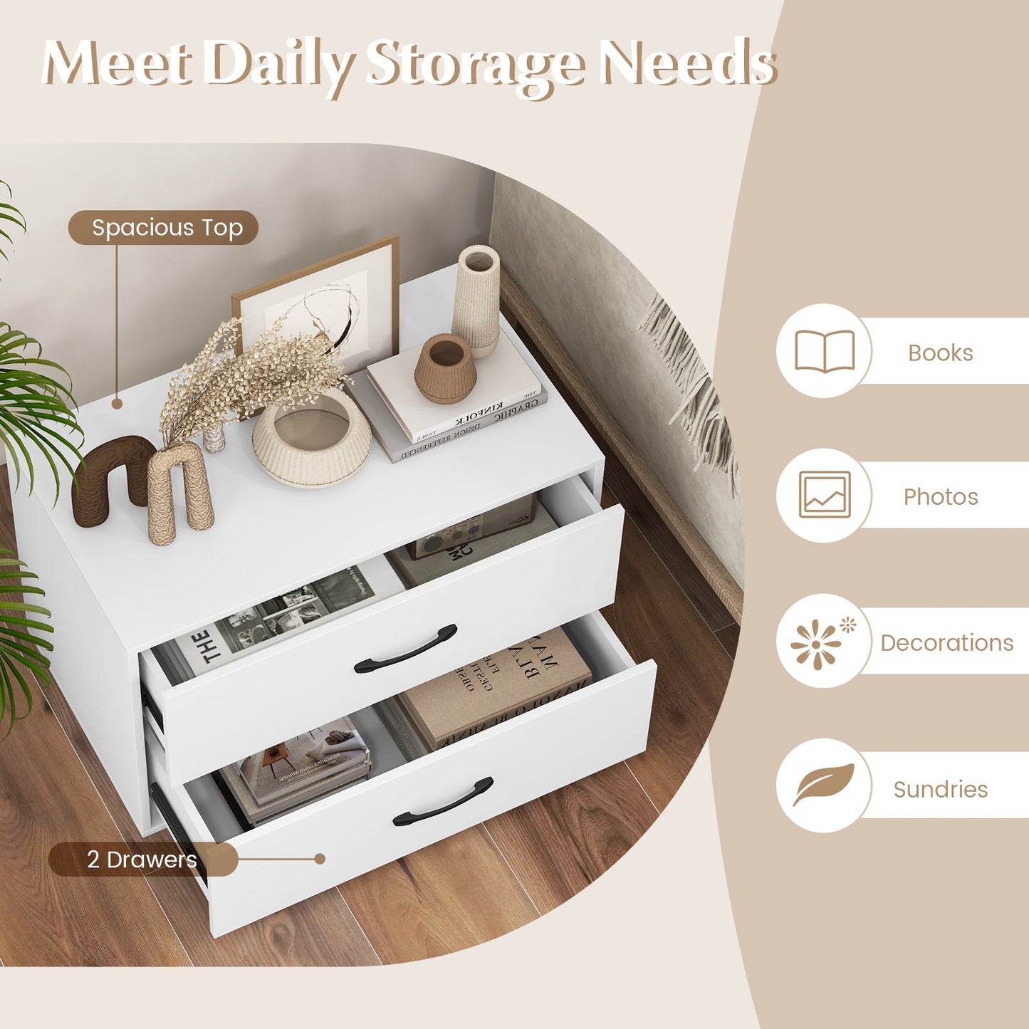 2-Drawer Stackable Horizontal Storage Cabinet Dresser Chest with Handles-White