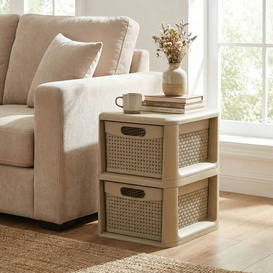 2-Drawer Storage Organizer with Wicker Patterns in beige with woven baskets beside a sofa on Tampa Home & Garden Store