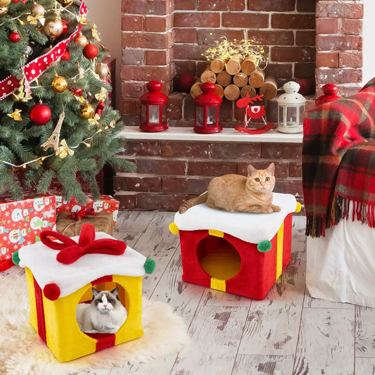 DirectDeals Gift Box Cat House with Bow multicolor Christmas, 2 festive cat condos on Tampa Home & Garden Store