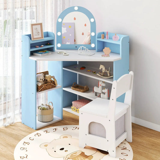 2-in-1 kids vanity set with lighted arched mirror, blue finish, shelves & chair on Tampa Home & Garden Store
