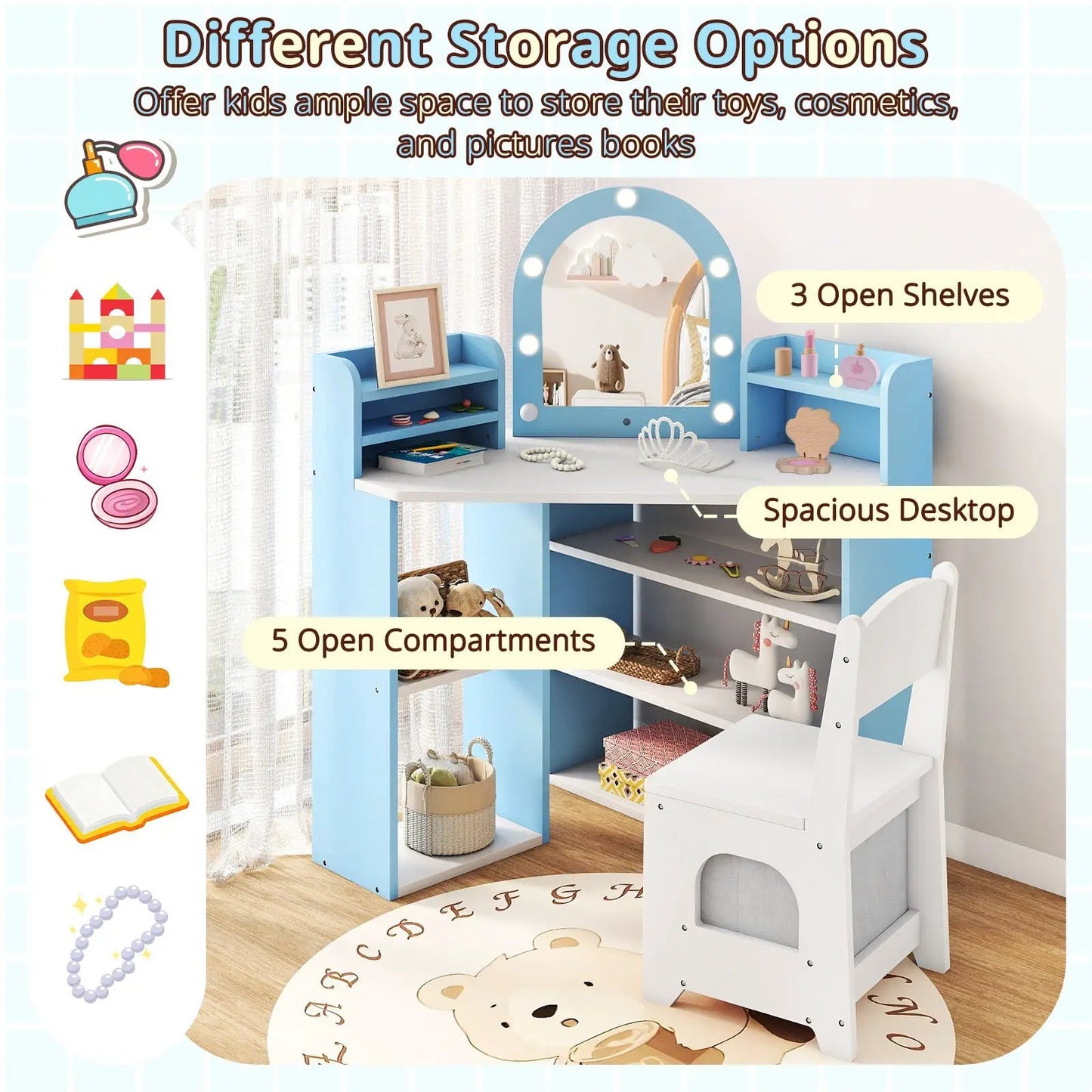 2-in-1 Kids Vanity Set with Lights in blue, mirror framed with bulbs and open shelves on Tampa Home & Garden Store