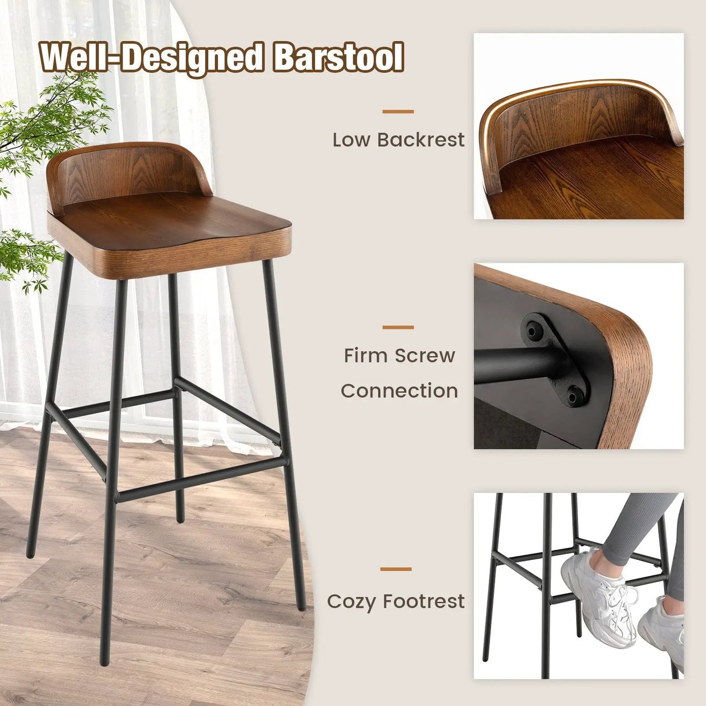 DirectDeals 2-pack 29-inch industrial bar stools with brown wood seat and black metal legs on Tampa Home & Garden Store