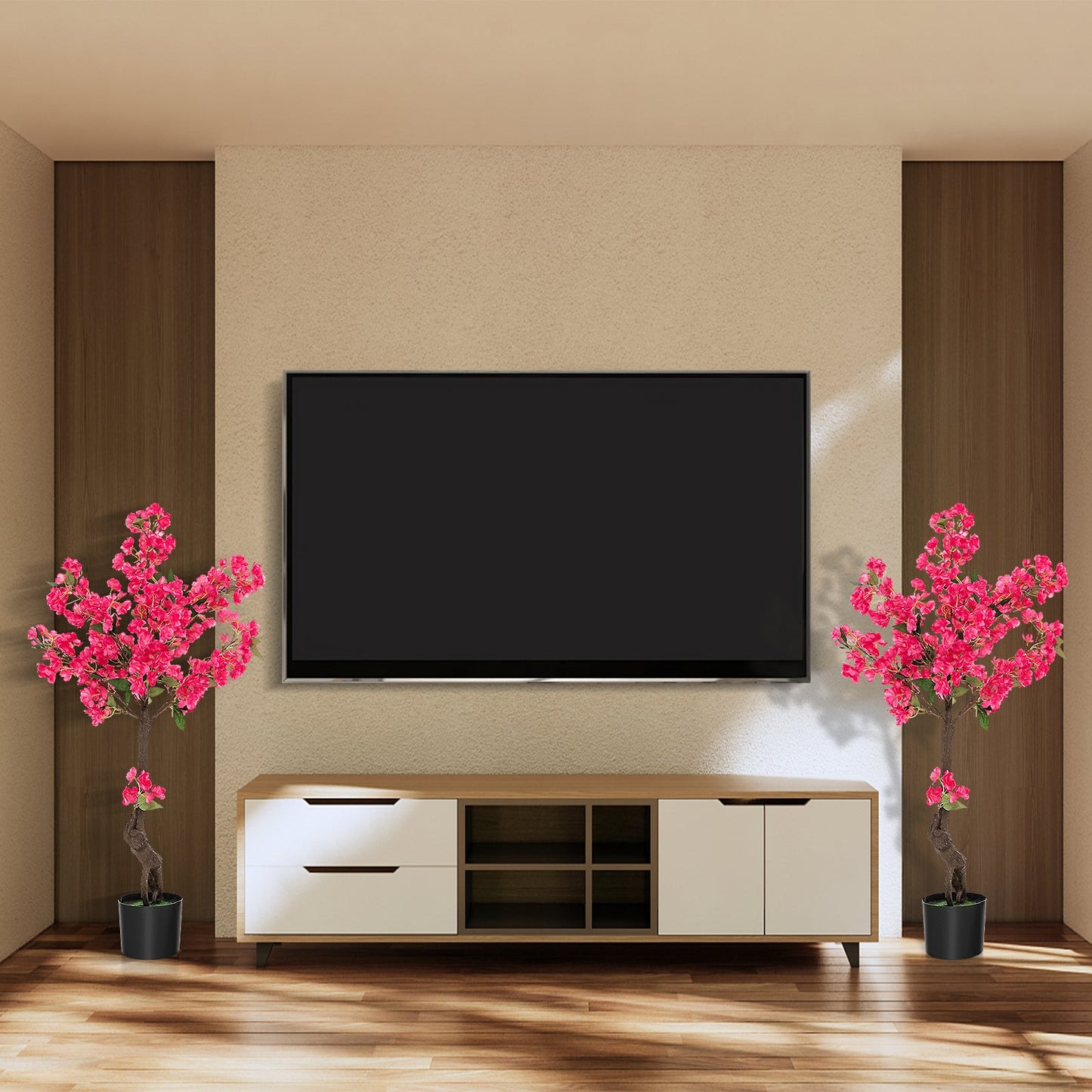 2 paquetes de árbol de flor de ciruelo artificial de 41 pulgadas, planta floral sintética con 92 flores-rojo