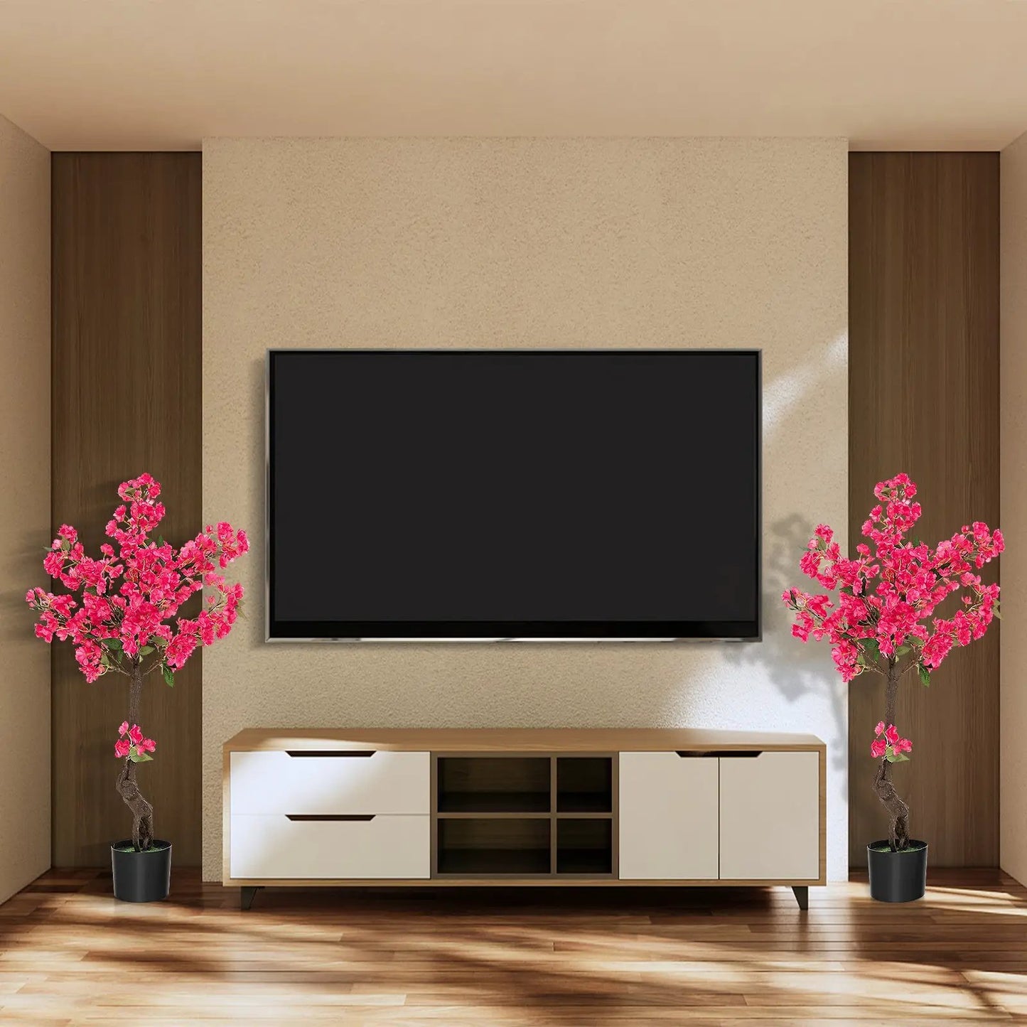 2 Pack 41 Inch Artificial Plum Blossom Tree Fake Floral Plant with 92 Flowers-Red - Tampa Home & Garden Store
