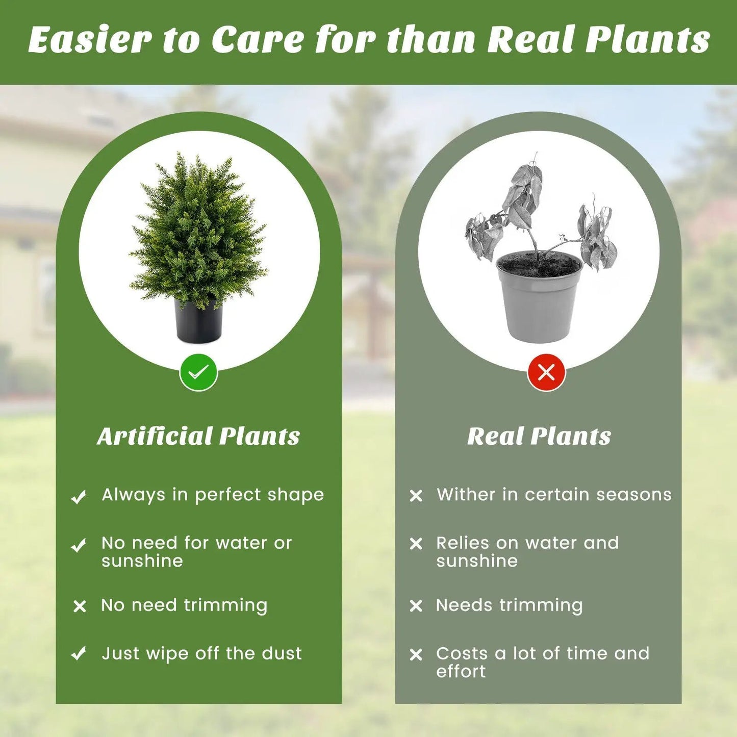 Two-pack green artificial cedar topiary balls in cement pots; artificial vs real plants on Tampa Home & Garden Store