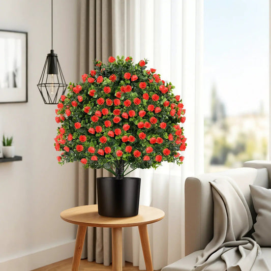 Artificial rose topiary ball tree in red with green leaves in black pot on Tampa Home & Garden Store