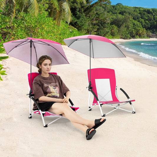 2-Pack DirectDeals Beach Umbrella Chairs with Parasol, pink folding chairs on sandy beach on Tampa Home & Garden Store