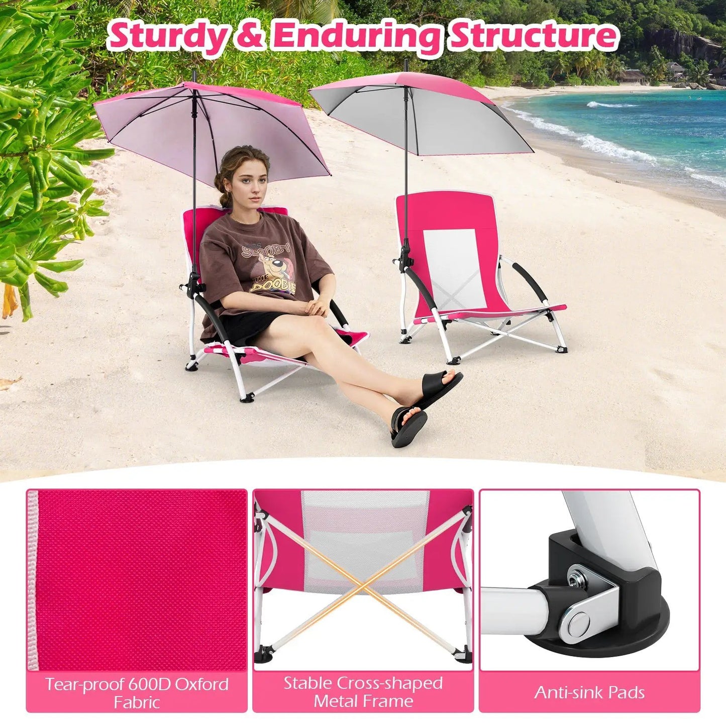 2 Pack Beach Umbrella Chairs with Parasol, pink, folding metal frame and adjustable parasol on Tampa Home & Garden Store
