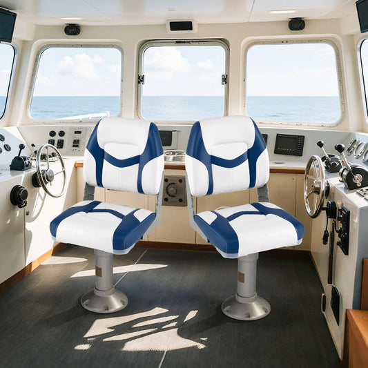 Two-pack boat seats with bolts and hinges, white and blue vinyl upholstery on Tampa Home & Garden Store